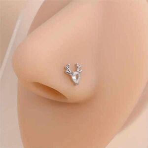 Diamond White Gold Elk Reindeer L Shaped Nose Ring